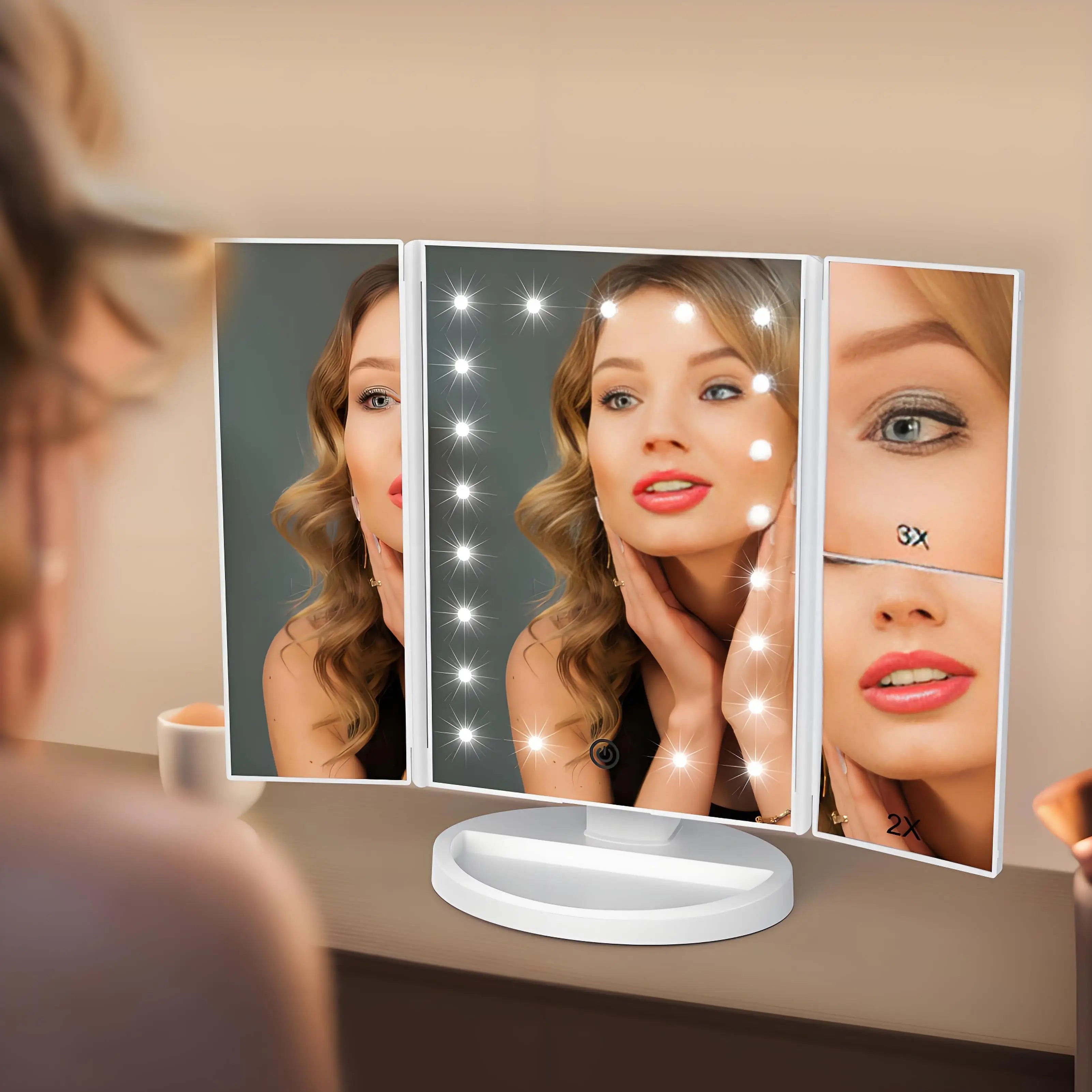 Pro Vanity Mirror with 21 LED Natural Light Tri-Zone Magnification USB-C Anti-Glare 180° Adjustable for Makeup & Skin Care
