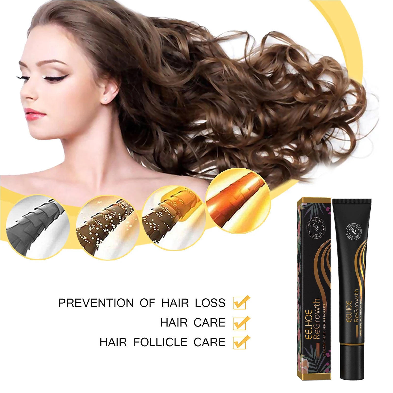 EELHOE Regrowth Hair Serum With Roller Massage Scalp Pure Natural Nourishing Roots Prevent Hair Loss Damage Thickness Hairs Care